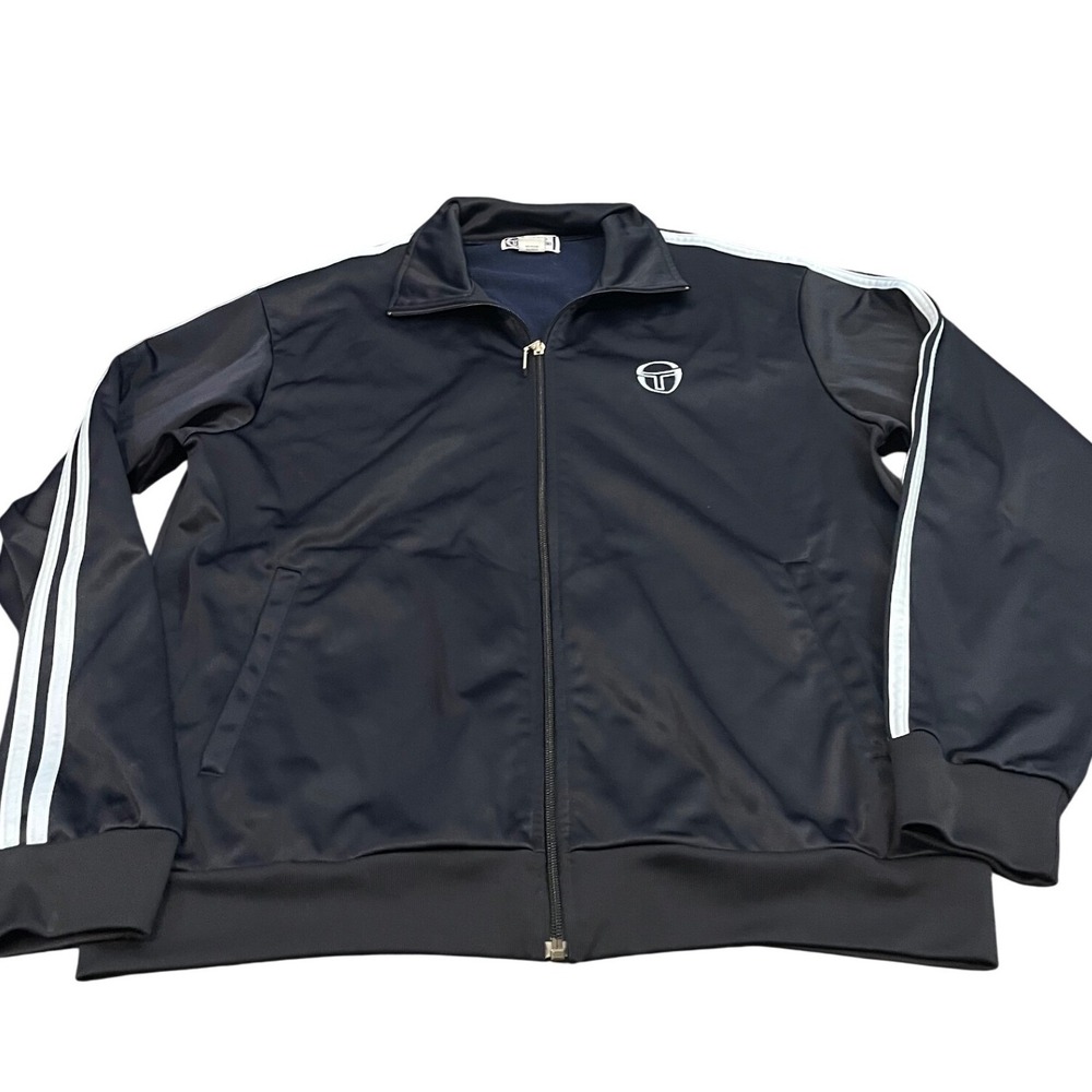 Sergio Tacchini Track Jacket Mens Large Navy Blue Side Stripe Full Zip Vintage
